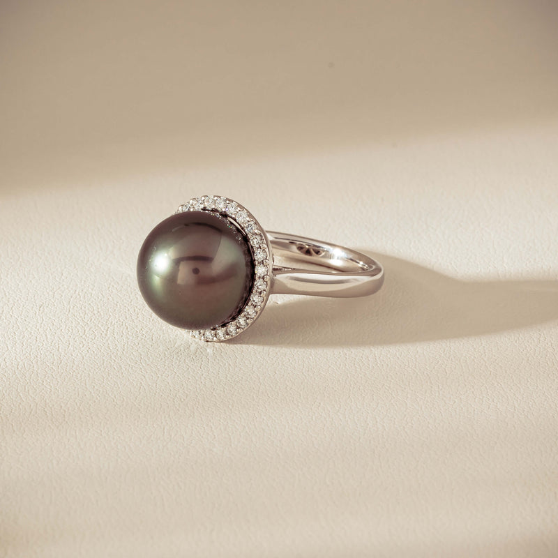 18ct White Gold 12.8mm Tahitian Pearl Diamond Callisto Ring - Ring - Walker & Hall