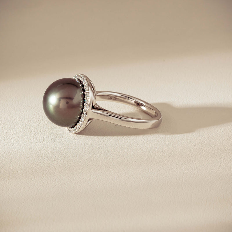 18ct White Gold 12.8mm Tahitian Pearl Diamond Callisto Ring - Ring - Walker & Hall