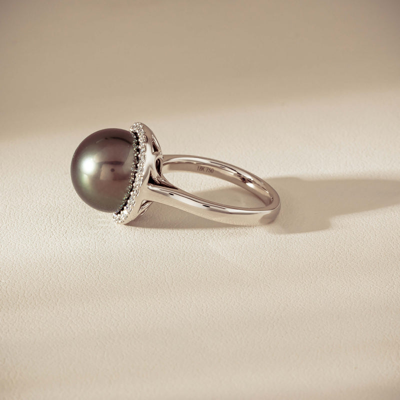 18ct White Gold 12.8mm Tahitian Pearl Diamond Callisto Ring - Ring - Walker & Hall