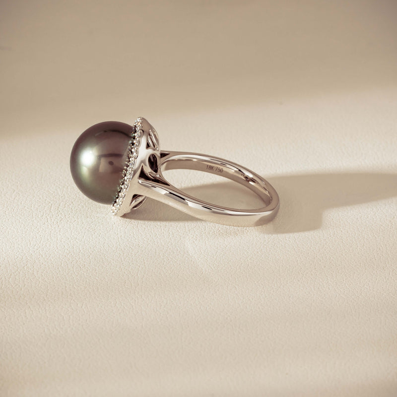 18ct White Gold 12.8mm Tahitian Pearl Diamond Callisto Ring - Ring - Walker & Hall