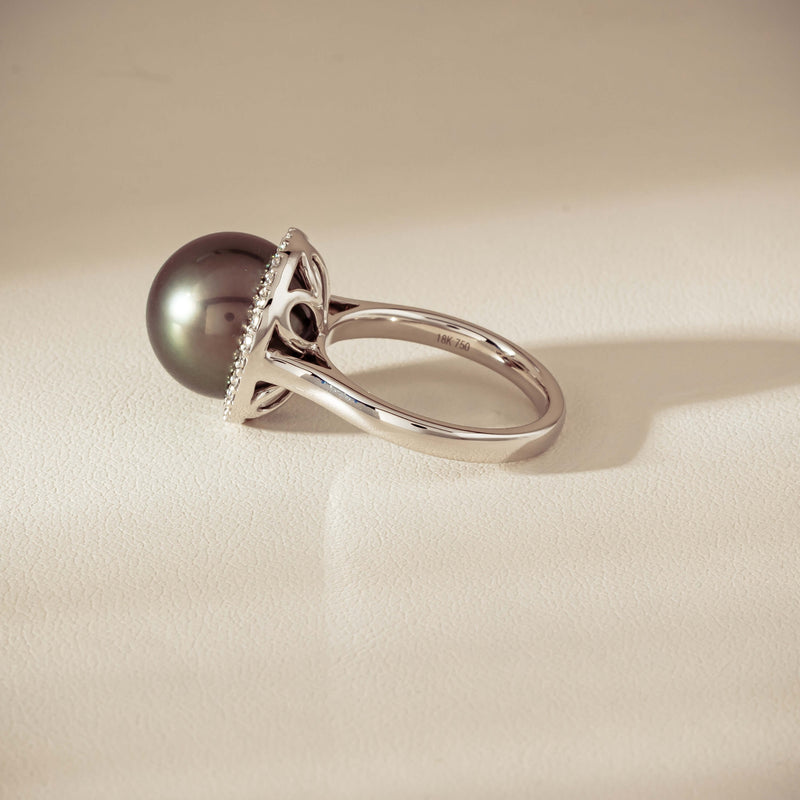 18ct White Gold 12.8mm Tahitian Pearl Diamond Callisto Ring - Ring - Walker & Hall