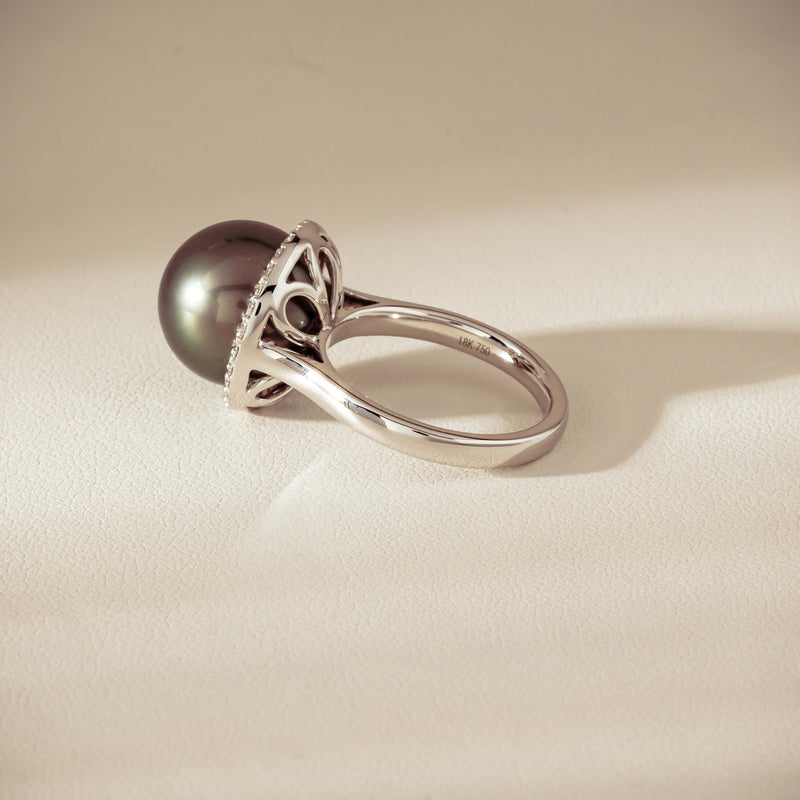 18ct White Gold 12.8mm Tahitian Pearl Diamond Callisto Ring - Ring - Walker & Hall