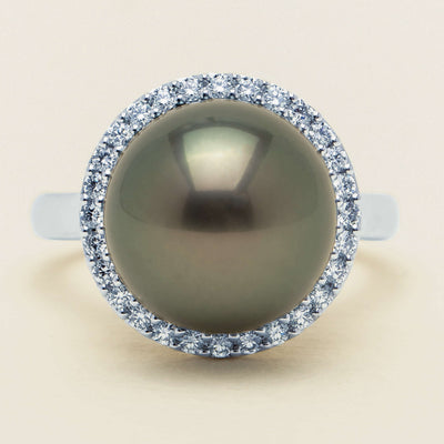 18ct White Gold 12.8mm Tahitian Pearl Diamond Callisto Ring - Ring - Walker & Hall