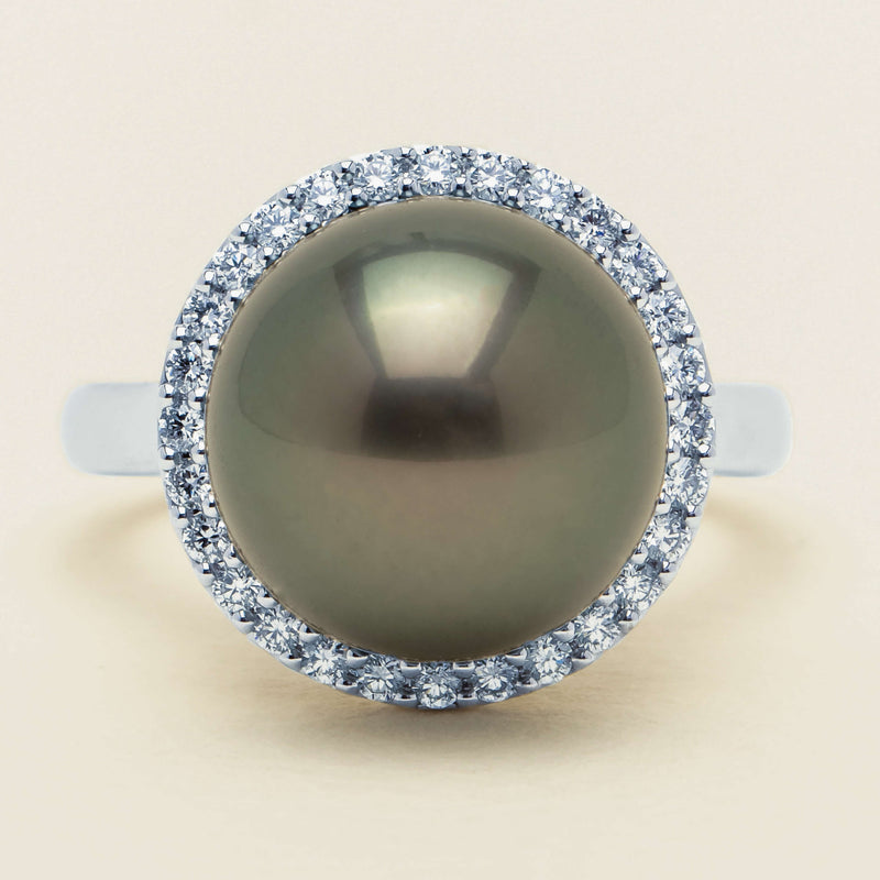 18ct White Gold 12.8mm Tahitian Pearl Diamond Callisto Ring - Ring - Walker & Hall