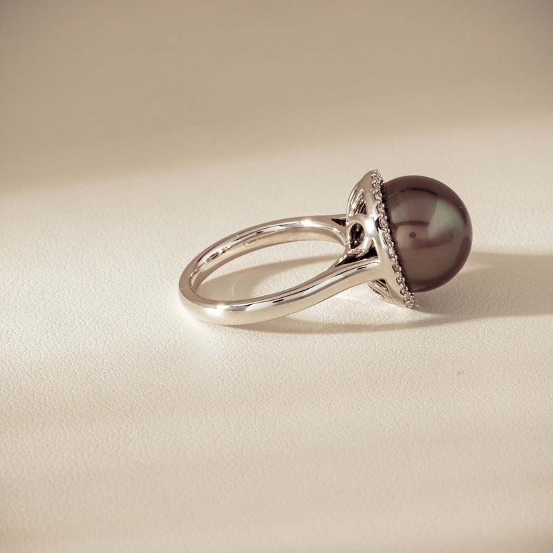 18ct White Gold 12.8mm Tahitian Pearl Diamond Callisto Ring - Ring - Walker & Hall