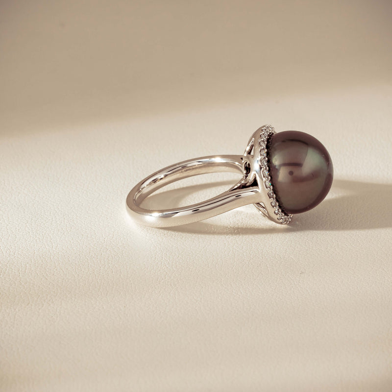 18ct White Gold 12.8mm Tahitian Pearl Diamond Callisto Ring - Ring - Walker & Hall