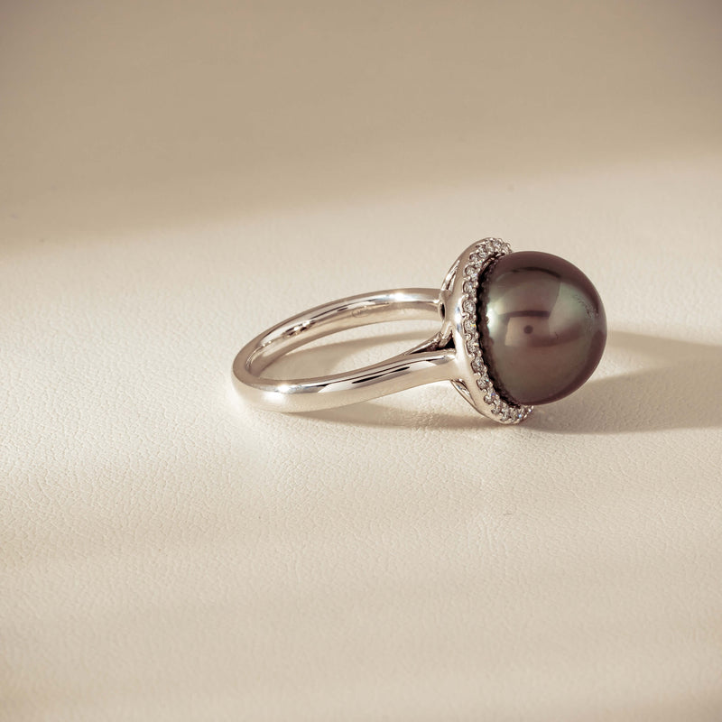 18ct White Gold 12.8mm Tahitian Pearl Diamond Callisto Ring - Ring - Walker & Hall