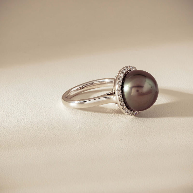 18ct White Gold 12.8mm Tahitian Pearl Diamond Callisto Ring - Ring - Walker & Hall