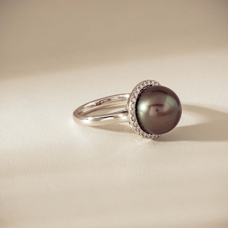 18ct White Gold 12.8mm Tahitian Pearl Diamond Callisto Ring - Ring - Walker & Hall