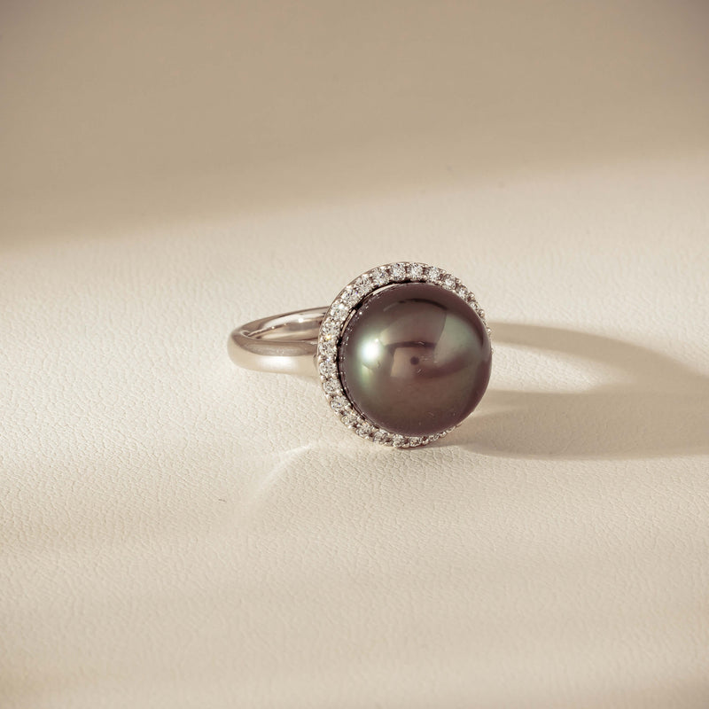 18ct White Gold 12.8mm Tahitian Pearl Diamond Callisto Ring - Ring - Walker & Hall