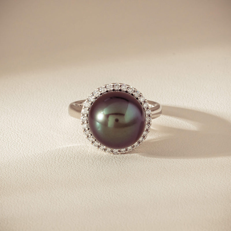 18ct White Gold 12.4mm Tahitian Pearl Diamond Callisto Ring - Ring - Walker & Hall