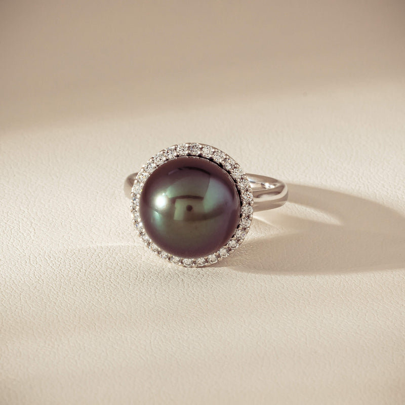 18ct White Gold 12.4mm Tahitian Pearl Diamond Callisto Ring - Ring - Walker & Hall