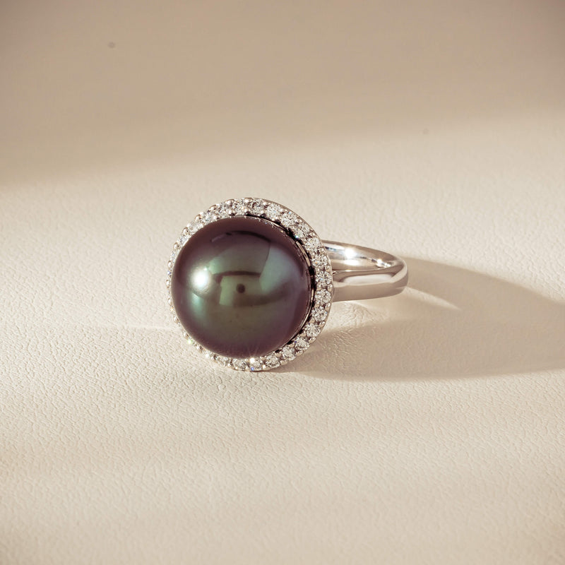 18ct White Gold 12.4mm Tahitian Pearl Diamond Callisto Ring - Ring - Walker & Hall