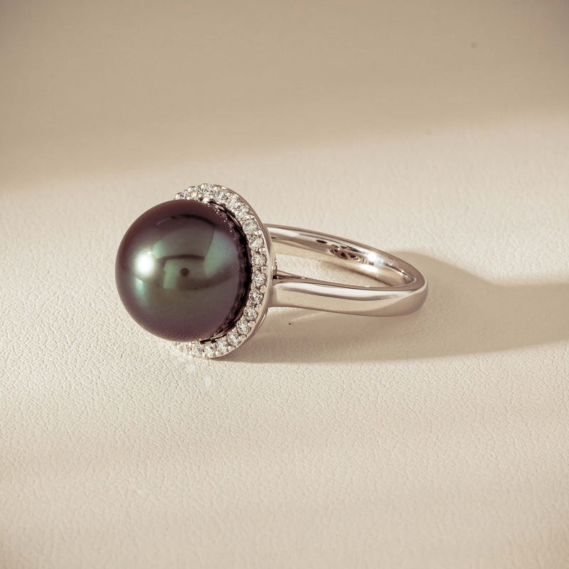 18ct White Gold 12.4mm Tahitian Pearl Diamond Callisto Ring - Ring - Walker & Hall