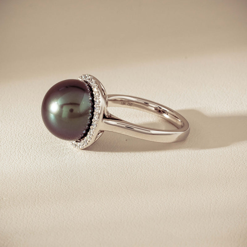 18ct White Gold 12.4mm Tahitian Pearl Diamond Callisto Ring - Ring - Walker & Hall