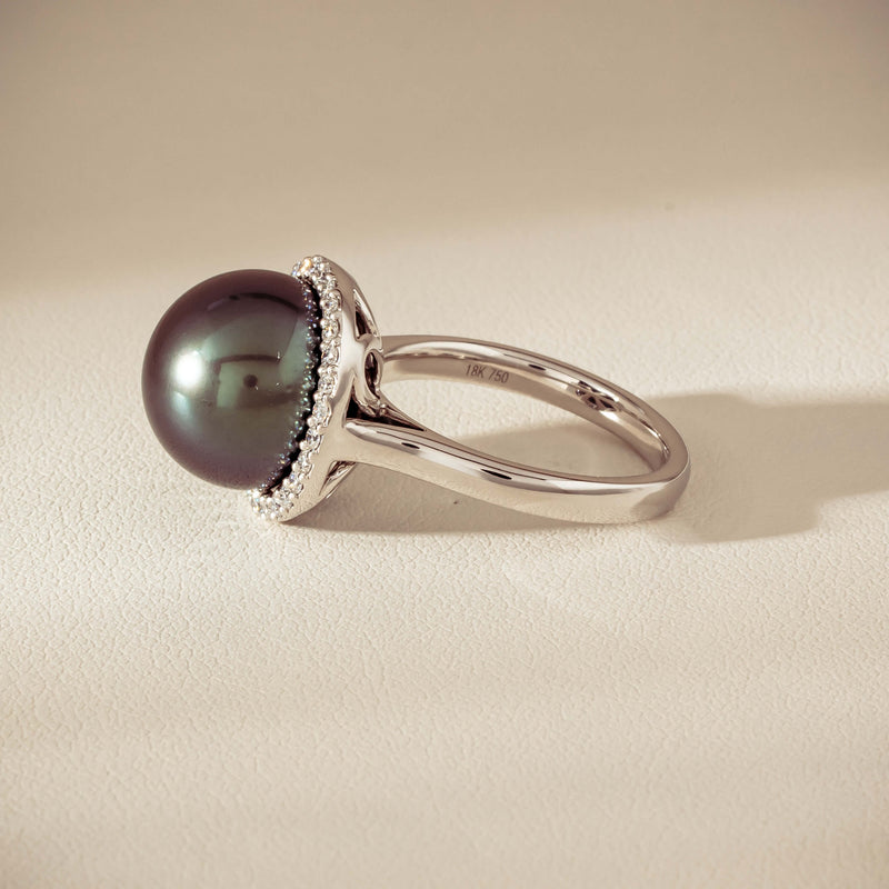 18ct White Gold 12.4mm Tahitian Pearl Diamond Callisto Ring - Ring - Walker & Hall