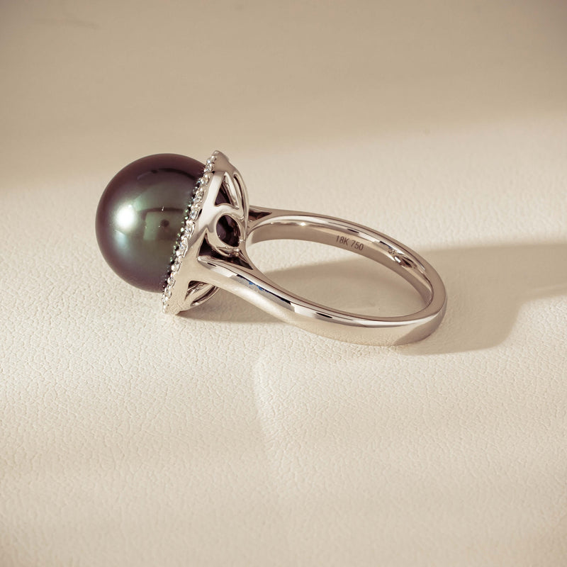 18ct White Gold 12.4mm Tahitian Pearl Diamond Callisto Ring - Ring - Walker & Hall