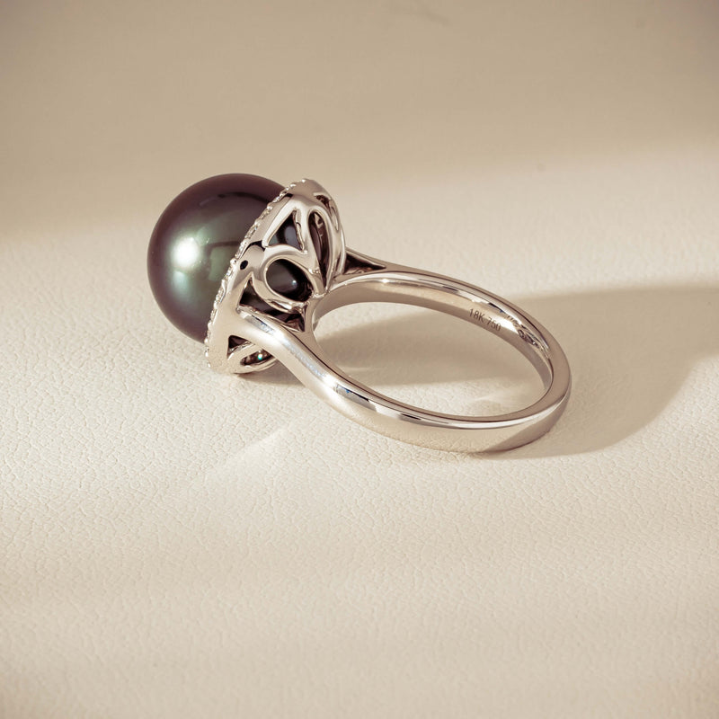 18ct White Gold 12.4mm Tahitian Pearl Diamond Callisto Ring - Ring - Walker & Hall