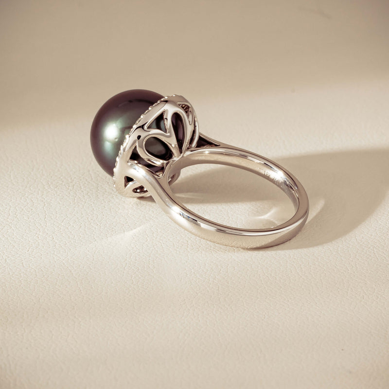 18ct White Gold 12.4mm Tahitian Pearl Diamond Callisto Ring - Ring - Walker & Hall