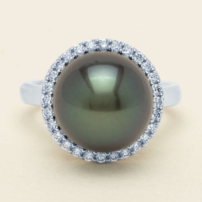 18ct White Gold 12.4mm Tahitian Pearl Diamond Callisto Ring - Ring - Walker & Hall