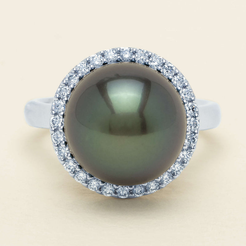 18ct White Gold 12.4mm Tahitian Pearl Diamond Callisto Ring - Ring - Walker & Hall