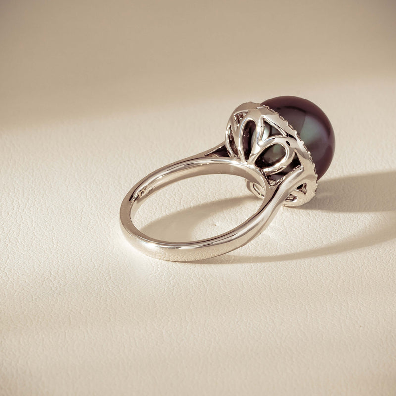 18ct White Gold 12.4mm Tahitian Pearl Diamond Callisto Ring - Ring - Walker & Hall