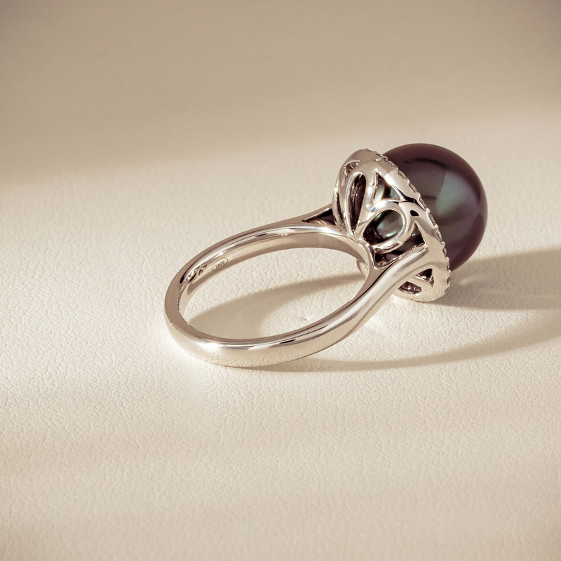 18ct White Gold 12.4mm Tahitian Pearl Diamond Callisto Ring - Ring - Walker & Hall