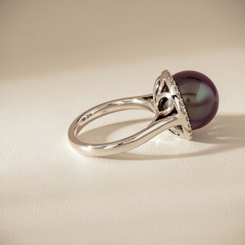 18ct White Gold 12.4mm Tahitian Pearl Diamond Callisto Ring - Ring - Walker & Hall