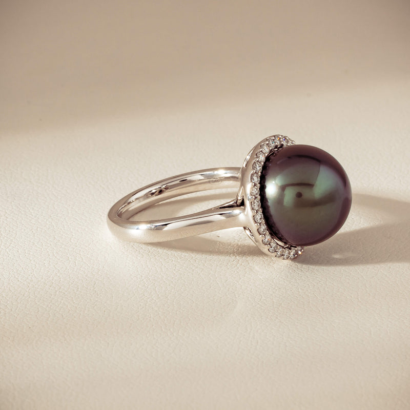 18ct White Gold 12.4mm Tahitian Pearl Diamond Callisto Ring - Ring - Walker & Hall