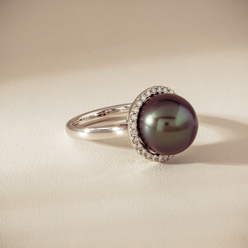 18ct White Gold 12.4mm Tahitian Pearl Diamond Callisto Ring - Ring - Walker & Hall