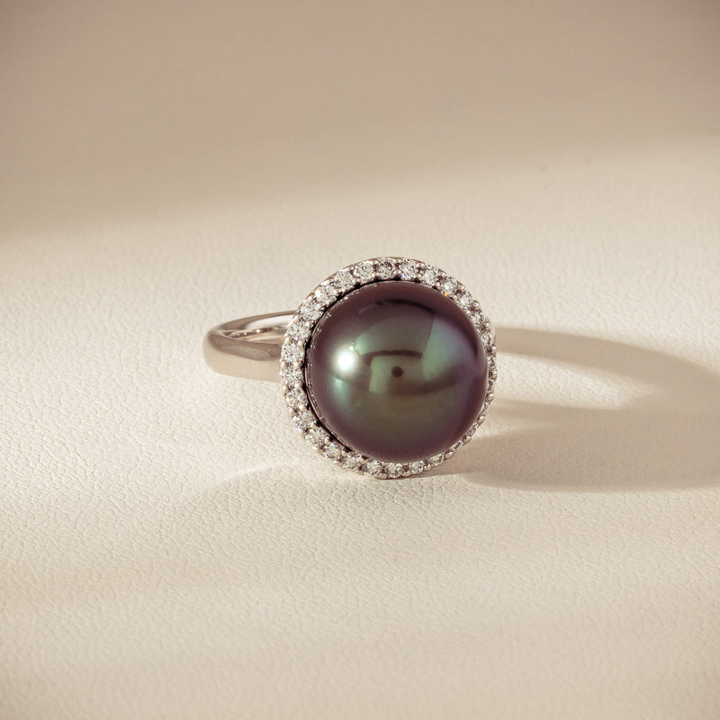 18ct White Gold 12.4mm Tahitian Pearl Diamond Callisto Ring - Ring - Walker & Hall