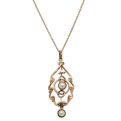Vintage 9ct Rose Gold Cultured Pearl Set Pendant - Necklace - Walker & Hall