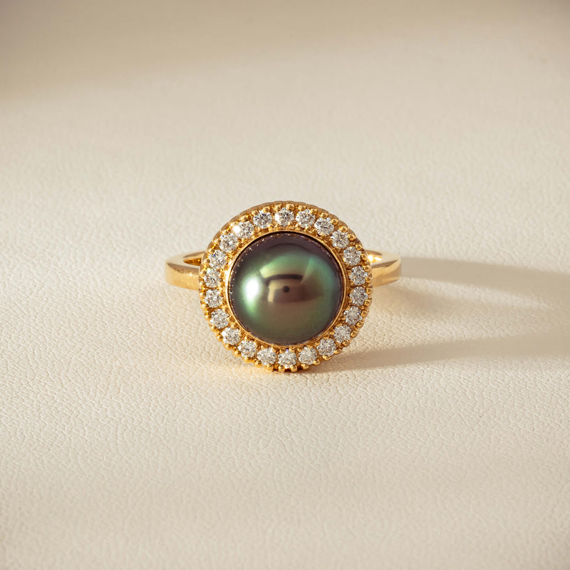 18ct Yellow Gold 10mm Tahitian Pearl & Diamond Daisy Ring - Ring - Walker & Hall