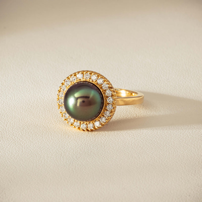 18ct Yellow Gold 10mm Tahitian Pearl & Diamond Daisy Ring - Ring - Walker & Hall