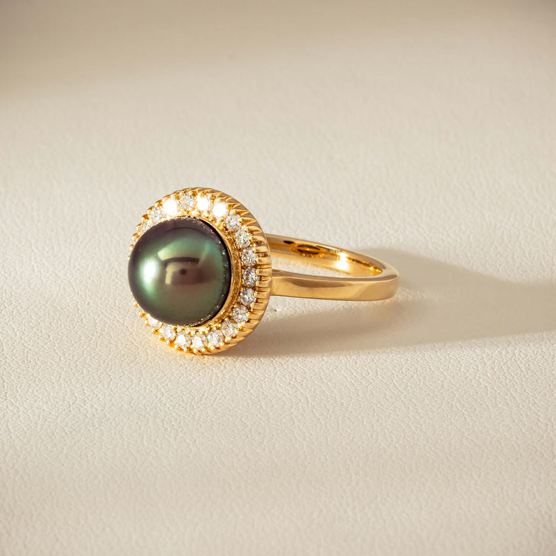 18ct Yellow Gold 10mm Tahitian Pearl & Diamond Daisy Ring - Ring - Walker & Hall