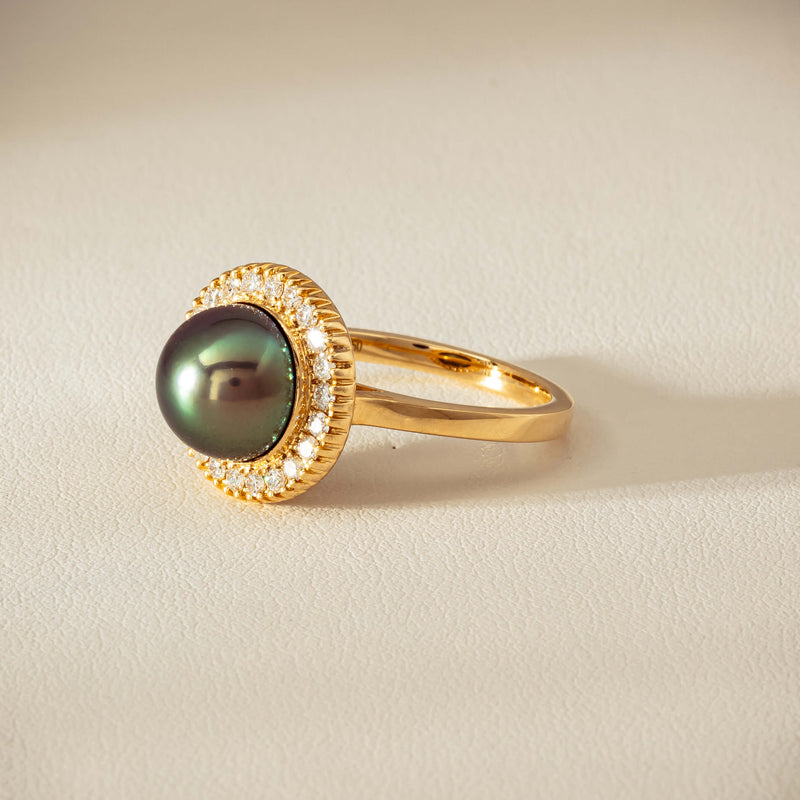 18ct Yellow Gold 10mm Tahitian Pearl & Diamond Daisy Ring - Ring - Walker & Hall