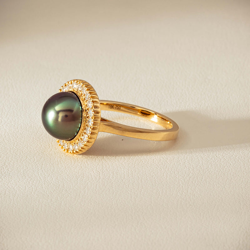 18ct Yellow Gold 10mm Tahitian Pearl & Diamond Daisy Ring - Ring - Walker & Hall