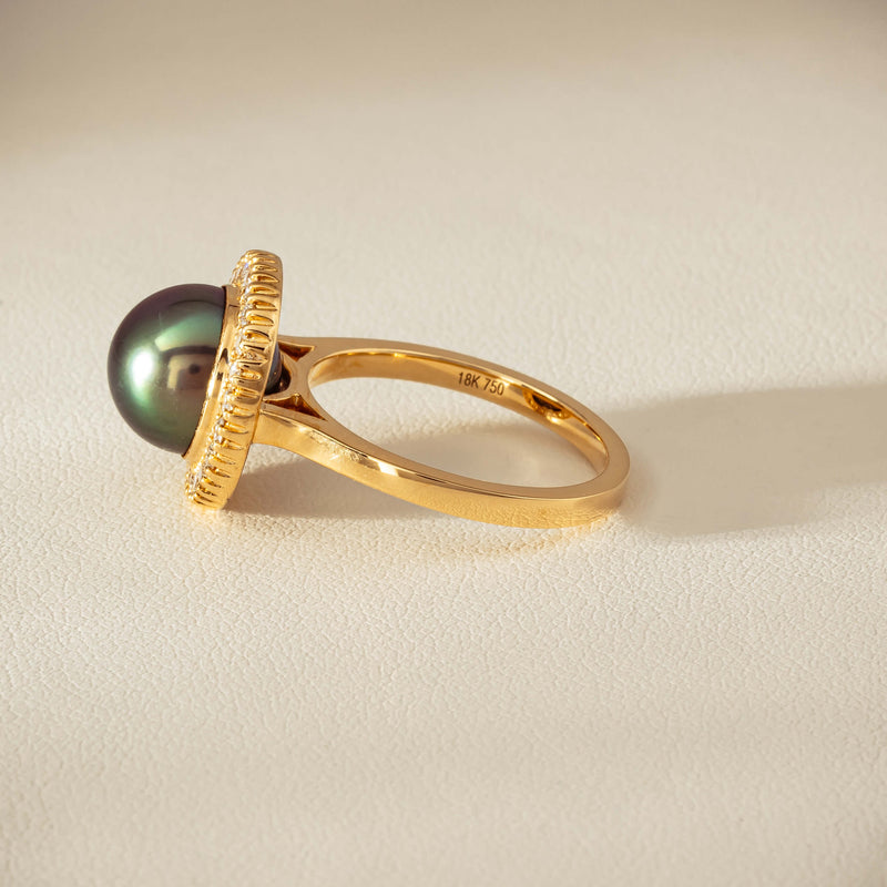18ct Yellow Gold 10mm Tahitian Pearl & Diamond Daisy Ring - Ring - Walker & Hall