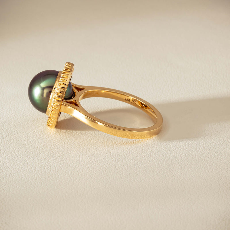 18ct Yellow Gold 10mm Tahitian Pearl & Diamond Daisy Ring - Ring - Walker & Hall
