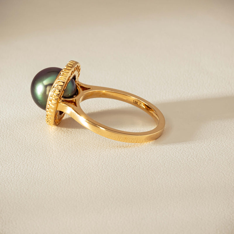 18ct Yellow Gold 10mm Tahitian Pearl & Diamond Daisy Ring - Ring - Walker & Hall
