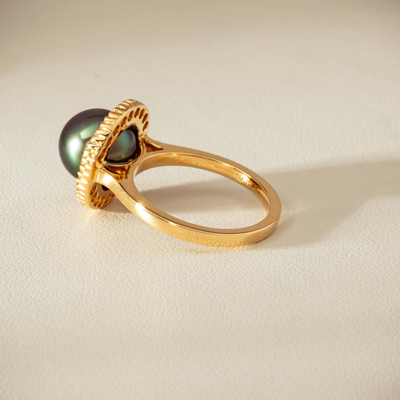 18ct Yellow Gold 10mm Tahitian Pearl & Diamond Daisy Ring - Ring - Walker & Hall
