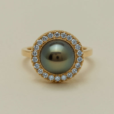18ct Yellow Gold 10mm Tahitian Pearl & Diamond Daisy Ring - Ring - Walker & Hall