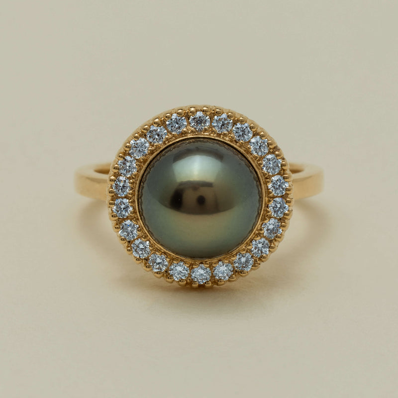 18ct Yellow Gold 10mm Tahitian Pearl & Diamond Daisy Ring - Ring - Walker & Hall