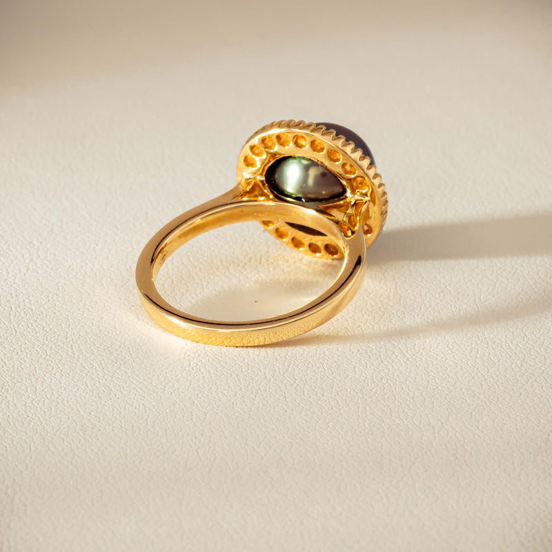 18ct Yellow Gold 10mm Tahitian Pearl & Diamond Daisy Ring - Ring - Walker & Hall