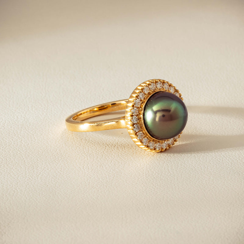 18ct Yellow Gold 10mm Tahitian Pearl & Diamond Daisy Ring - Ring - Walker & Hall