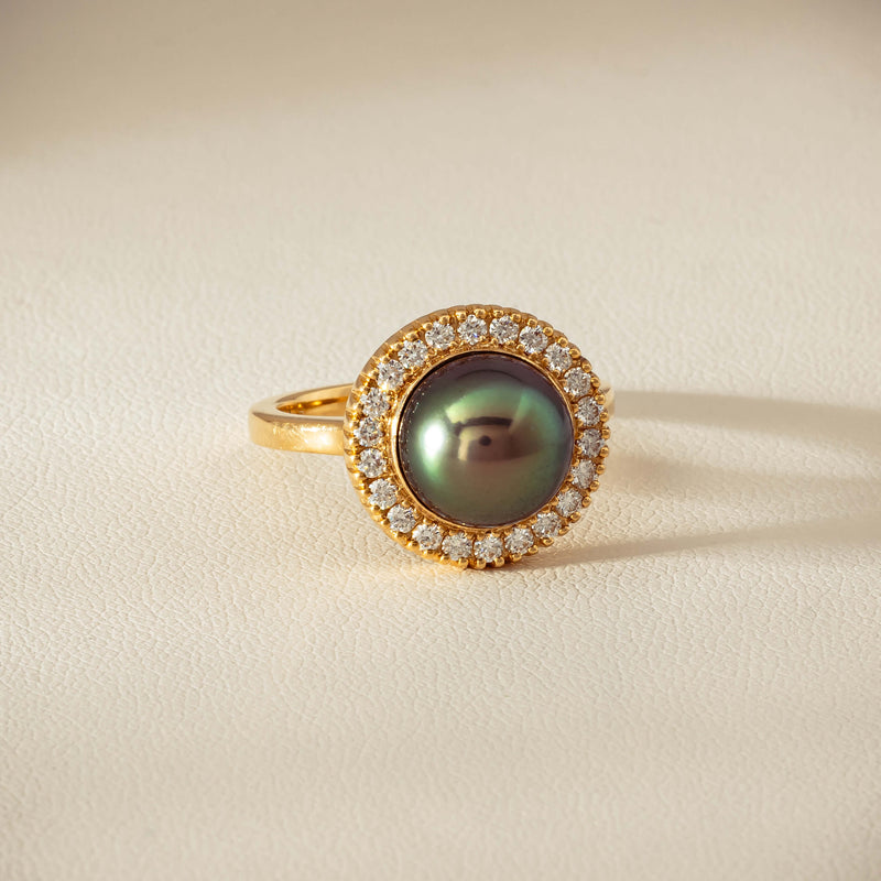 18ct Yellow Gold 10mm Tahitian Pearl & Diamond Daisy Ring - Ring - Walker & Hall