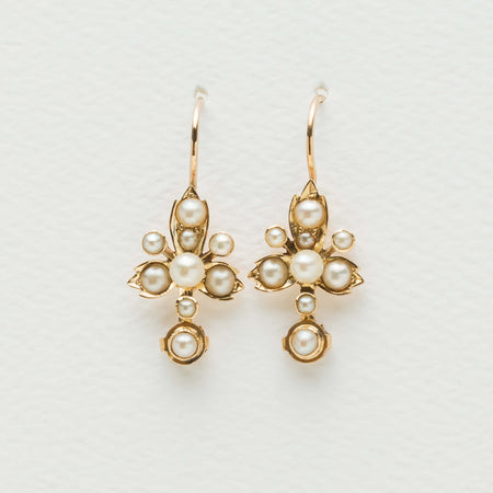 Vintage 18ct & 9ct Yellow Gold Seed Pearl Drop Earrings - Earrings - Walker & Hall