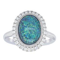 18ct White Gold 2.51ct Opal & Diamond Halo Ring - Ring - Walker & Hall