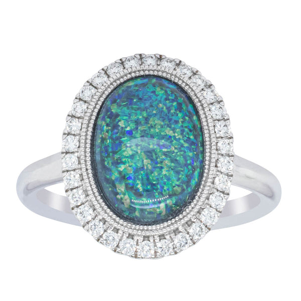 18ct White Gold 2.51ct Opal & Diamond Halo Ring - Ring - Walker & Hall