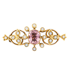 Vintage 13ct Yellow Gold Pink Tourmaline & Seed Pearl Brooch - Brooch - Walker & Hall